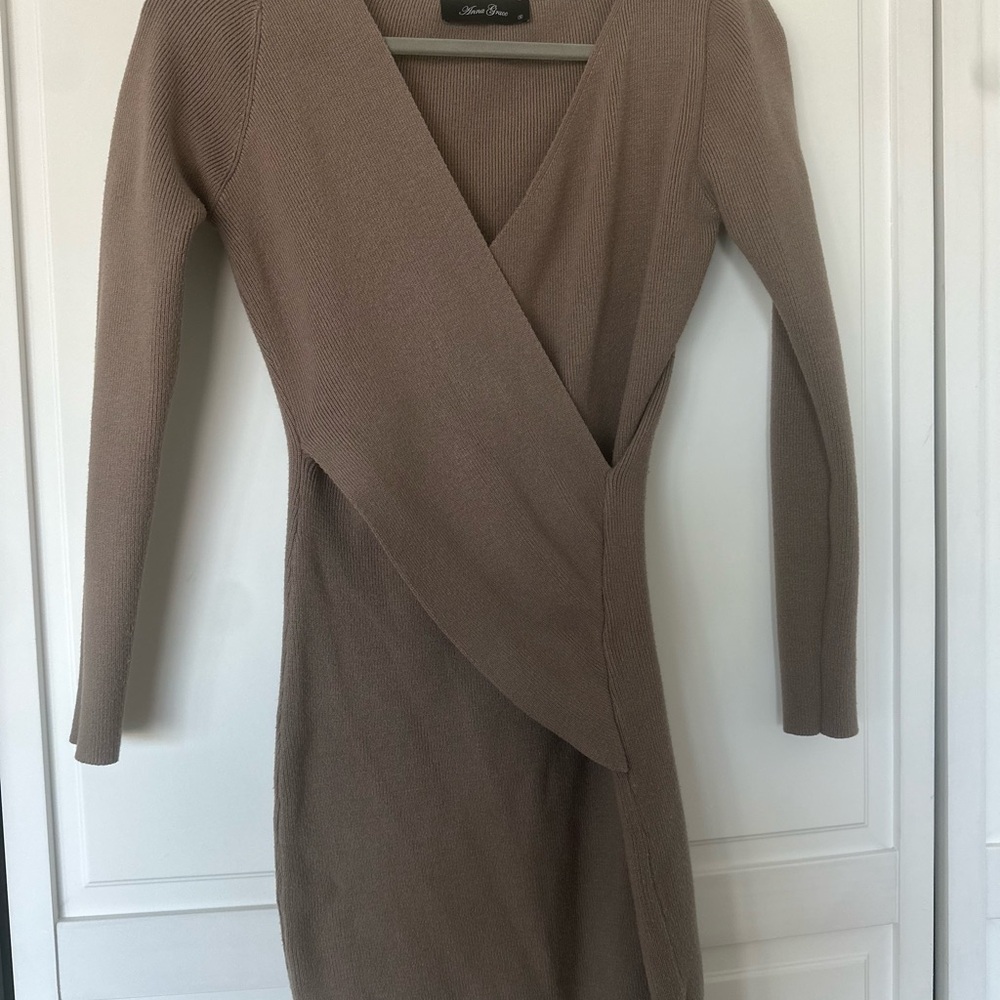 Anna Grace Taupe Long Sleeve Wrap Sweater Dress